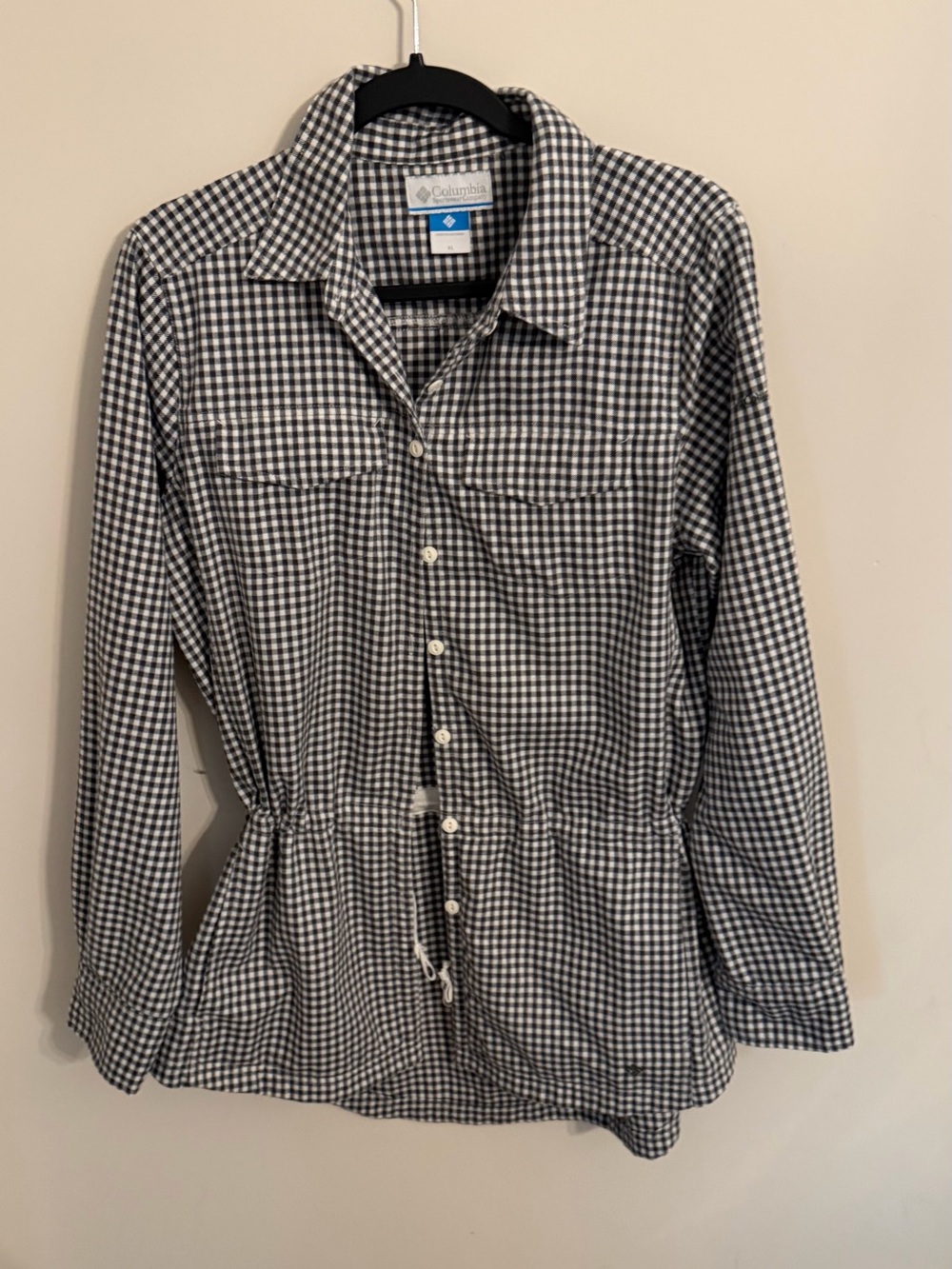 Columbia Black & White Gingham Button-Down Drawstring Shirt